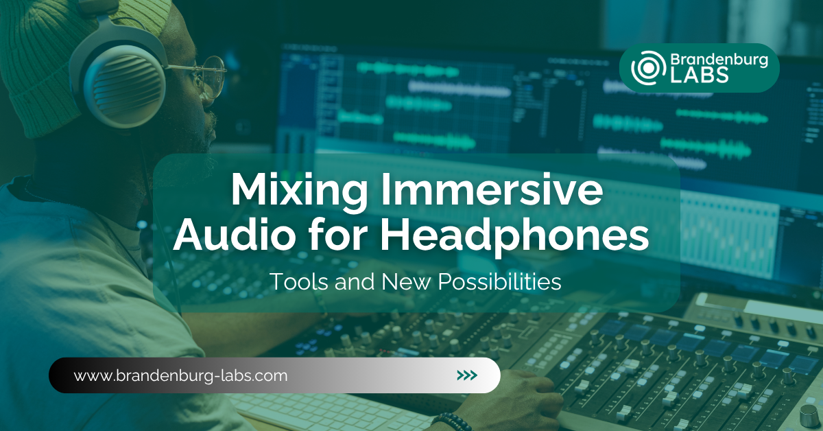 Audio engineer mixing immersive audio on headphones in a studio with digital mixing console and waveform display
