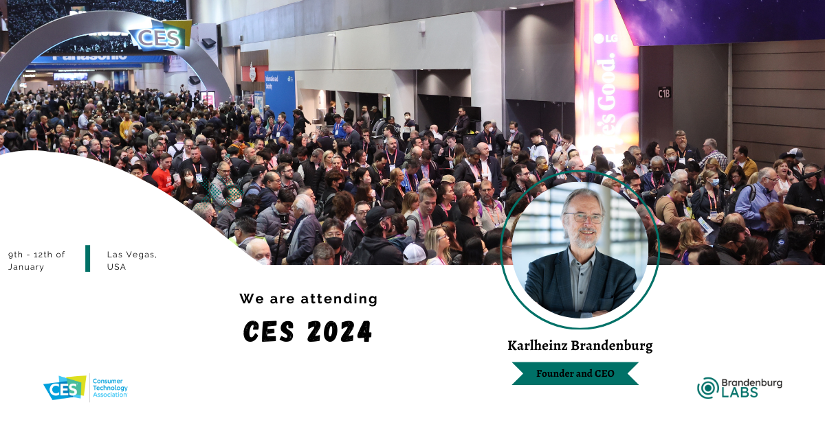 CES-2024-1200-x-628-px Picture of exhibition hall at Consumer Electronics Show with many people overlayed by a textbox with the message We are attending CES 2024 plus Logo of Brandenburg Labs and picture of Karlheinz Brandenburg