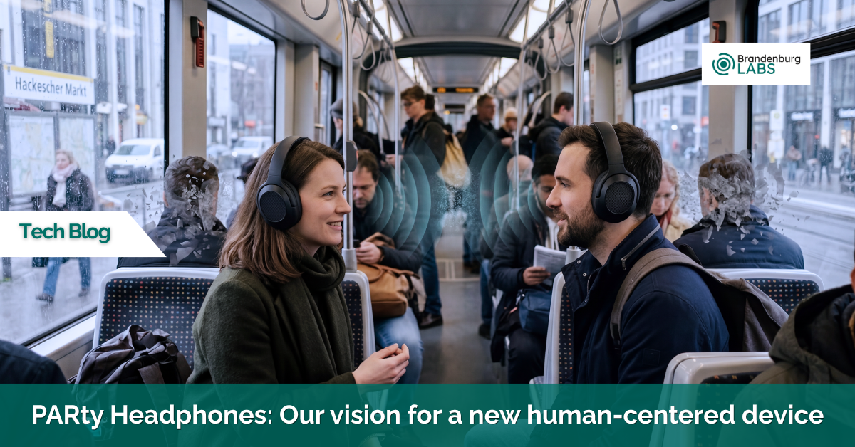 A tram with people in a city. Two of them are wearing headphones and talking. Sound waves, representing spatial sound, surround their heads.